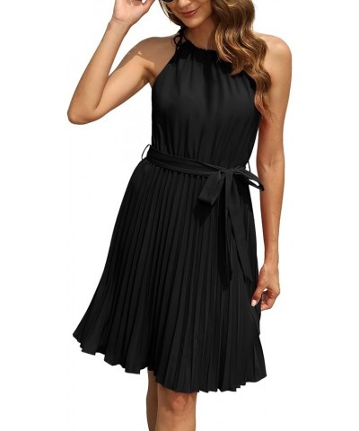 Women's 2023 Summer Casual Pleated Mini Dress Sleeveless Halter A-Line Belted Dress Cocktail Party Beach Black $20.50 Dresses