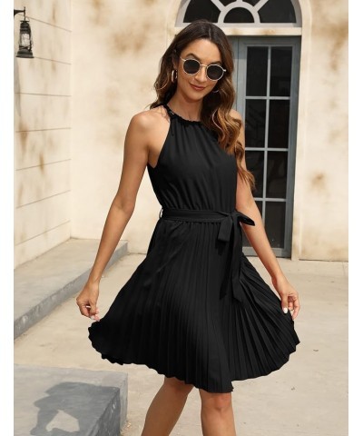 Women's 2023 Summer Casual Pleated Mini Dress Sleeveless Halter A-Line Belted Dress Cocktail Party Beach Black $20.50 Dresses