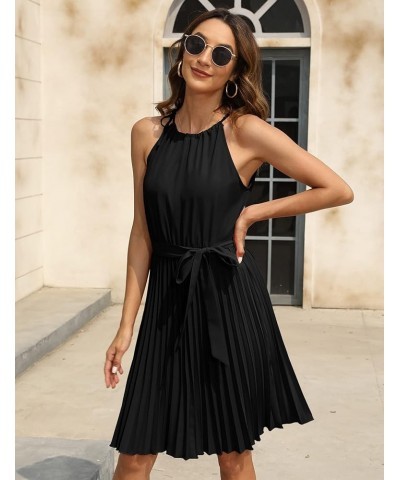 Women's 2023 Summer Casual Pleated Mini Dress Sleeveless Halter A-Line Belted Dress Cocktail Party Beach Black $20.50 Dresses