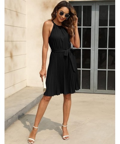 Women's 2023 Summer Casual Pleated Mini Dress Sleeveless Halter A-Line Belted Dress Cocktail Party Beach Black $20.50 Dresses