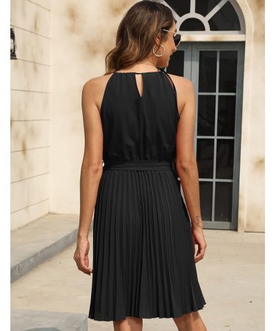 Women's 2023 Summer Casual Pleated Mini Dress Sleeveless Halter A-Line Belted Dress Cocktail Party Beach Black $20.50 Dresses