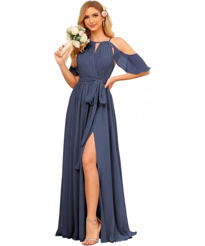 Women's Halter Bridesmaid Dresses Long with Slit 2024 Chiffon Aline Pleats Formal Evening Gowns with Pockets Stormy Blue $26....