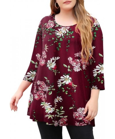 Womens 3/4 Sleeve Casual Loose Fit Swing Plus Size Tunic Tops Basic T Shirt Red Flower $13.74 Tops