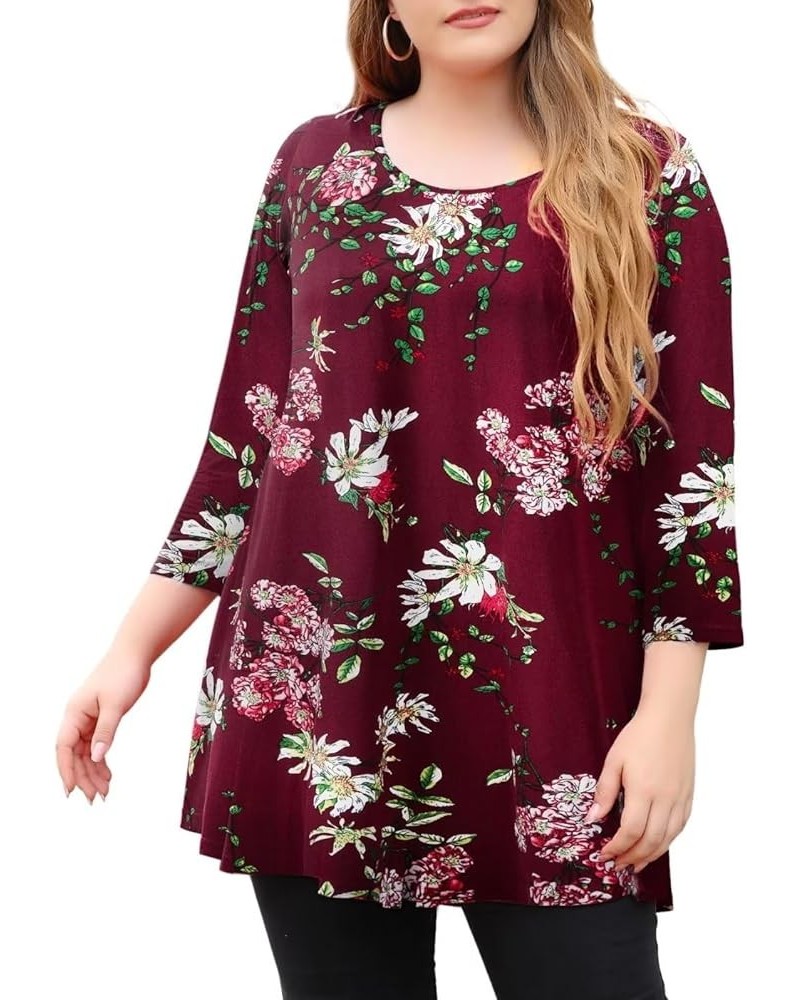 Womens 3/4 Sleeve Casual Loose Fit Swing Plus Size Tunic Tops Basic T Shirt Red Flower $13.74 Tops