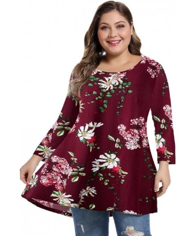 Womens 3/4 Sleeve Casual Loose Fit Swing Plus Size Tunic Tops Basic T Shirt Red Flower $13.74 Tops