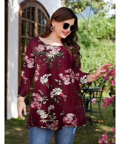 Womens 3/4 Sleeve Casual Loose Fit Swing Plus Size Tunic Tops Basic T Shirt Red Flower $13.74 Tops