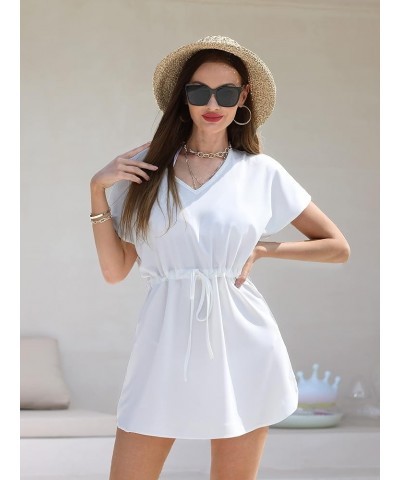 Womens Swimsuit Cover Up Beach Coverup Sexy Summer Short Sleeve V Neck Loose Dress White $12.47 Swimsuits