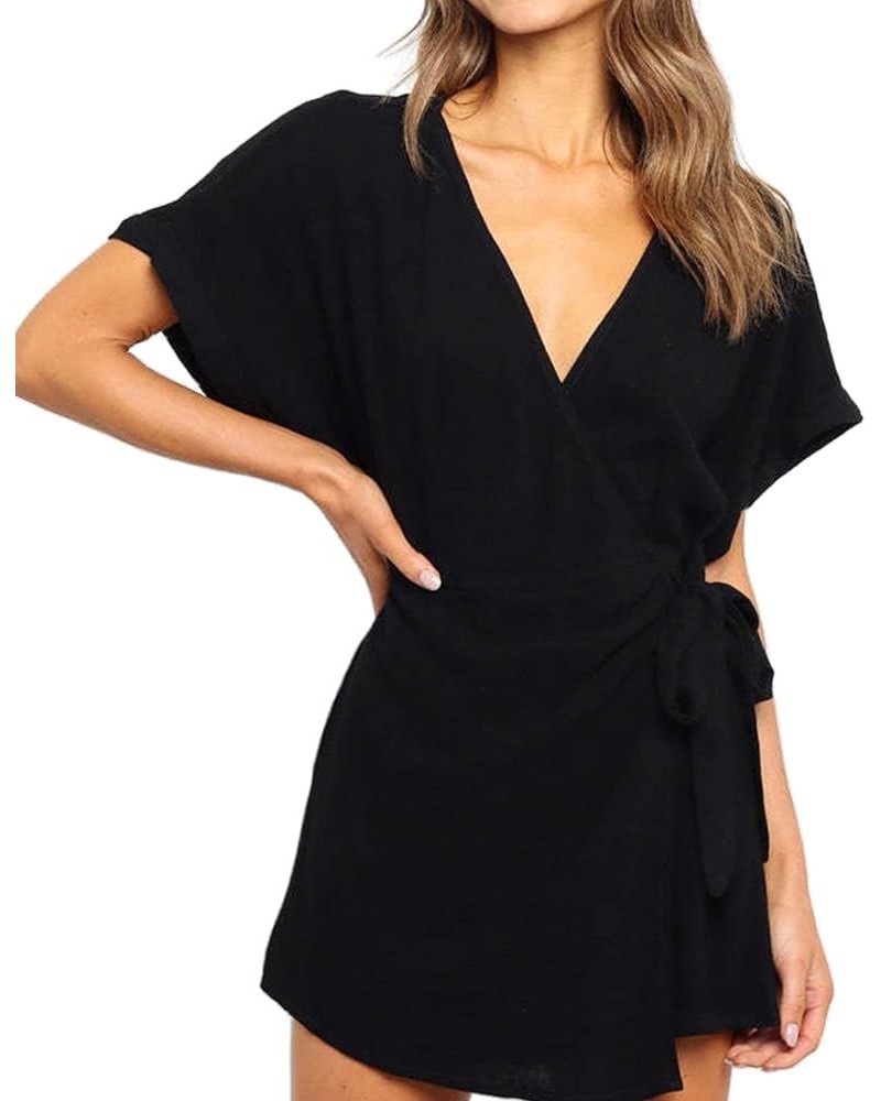 Women's Summer Shorts Romper Casual V Neck Dresses Short Sleeve One Piece Fake Dress Jumpsuits Black $15.05 Rompers