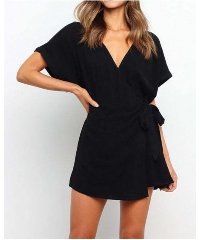 Women's Summer Shorts Romper Casual V Neck Dresses Short Sleeve One Piece Fake Dress Jumpsuits Black $15.05 Rompers