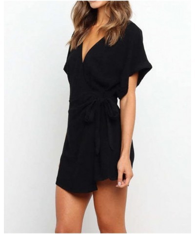 Women's Summer Shorts Romper Casual V Neck Dresses Short Sleeve One Piece Fake Dress Jumpsuits Black $15.05 Rompers