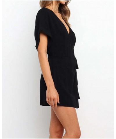 Women's Summer Shorts Romper Casual V Neck Dresses Short Sleeve One Piece Fake Dress Jumpsuits Black $15.05 Rompers