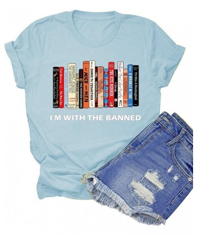 Woman I'm with The-Banned T Shirt Short Sleeve Crewneck Woman Tops Book Lover Tees Gifts Books Shirt Blue $8.64 T-Shirts