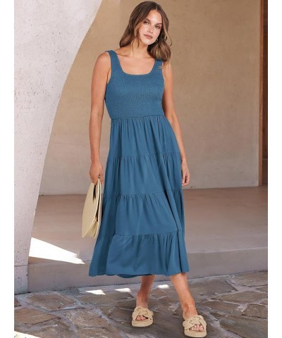 Women's Summer Casual Dresses Boho Sleeveless Smocked Ruffle Tiered Swing A Line Midi Beach Dress with Pockets Teal $19.37 Dr...