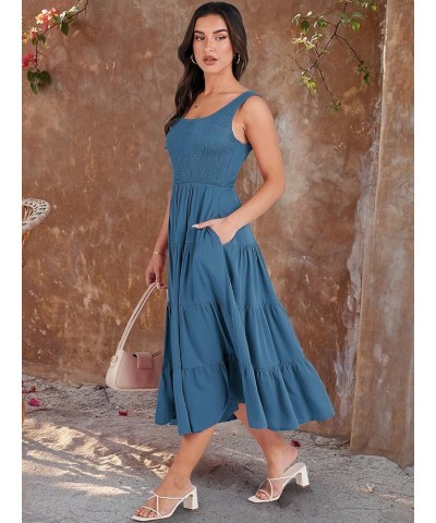 Women's Summer Casual Dresses Boho Sleeveless Smocked Ruffle Tiered Swing A Line Midi Beach Dress with Pockets Teal $19.37 Dr...