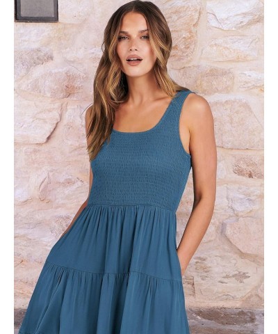 Women's Summer Casual Dresses Boho Sleeveless Smocked Ruffle Tiered Swing A Line Midi Beach Dress with Pockets Teal $19.37 Dr...