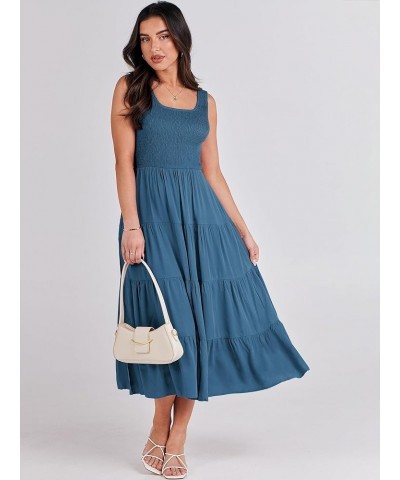 Women's Summer Casual Dresses Boho Sleeveless Smocked Ruffle Tiered Swing A Line Midi Beach Dress with Pockets Teal $19.37 Dr...