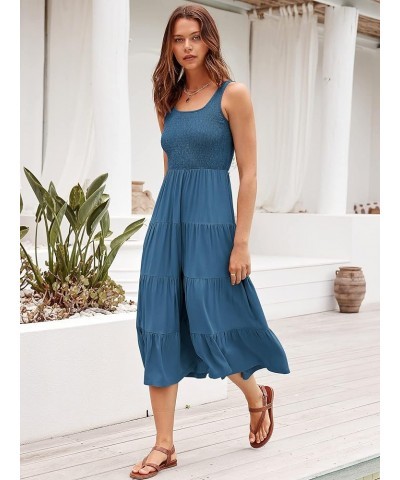 Women's Summer Casual Dresses Boho Sleeveless Smocked Ruffle Tiered Swing A Line Midi Beach Dress with Pockets Teal $19.37 Dr...