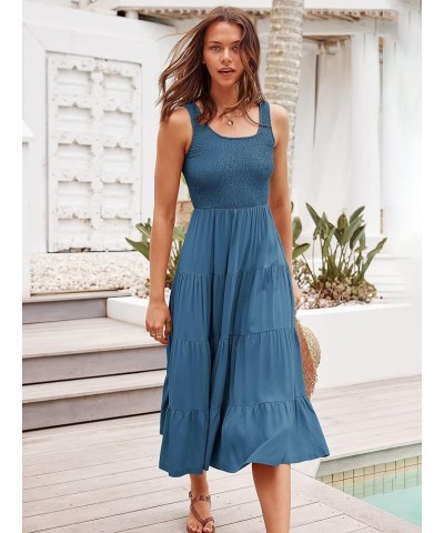 Women's Summer Casual Dresses Boho Sleeveless Smocked Ruffle Tiered Swing A Line Midi Beach Dress with Pockets Teal $19.37 Dr...