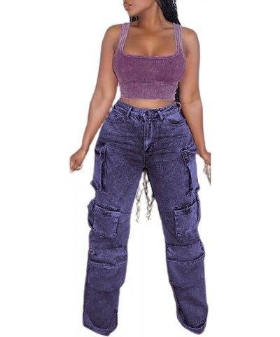 Women's Ripped Cargo Denim Long Pants Mid Rise Multi Pockets Y2k Straight Leg Pants Casual Vintage Jeans 10-purple $24.74 Jeans