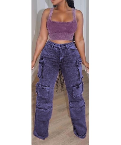 Women's Ripped Cargo Denim Long Pants Mid Rise Multi Pockets Y2k Straight Leg Pants Casual Vintage Jeans 10-purple $24.74 Jeans