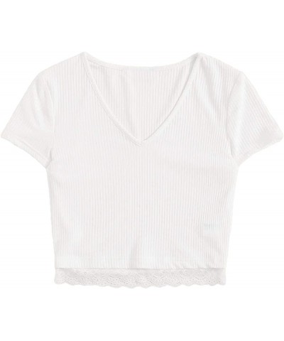 Women's Sexy V Neck Lace Hem Ribbed Knit Tee Shirt Crop Top 0-white $8.09 T-Shirts