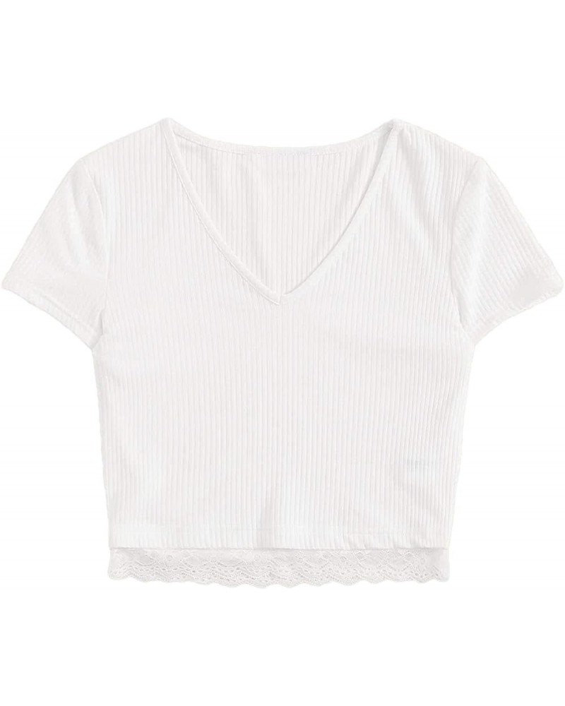 Women's Sexy V Neck Lace Hem Ribbed Knit Tee Shirt Crop Top 0-white $8.09 T-Shirts