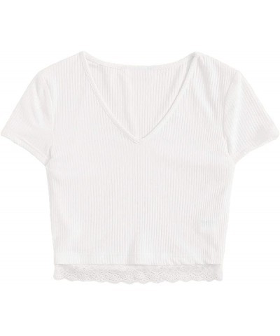 Women's Sexy V Neck Lace Hem Ribbed Knit Tee Shirt Crop Top 0-white $8.09 T-Shirts