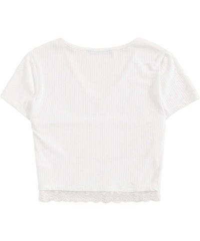 Women's Sexy V Neck Lace Hem Ribbed Knit Tee Shirt Crop Top 0-white $8.09 T-Shirts