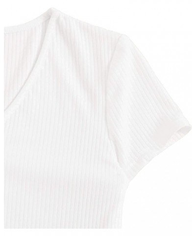 Women's Sexy V Neck Lace Hem Ribbed Knit Tee Shirt Crop Top 0-white $8.09 T-Shirts