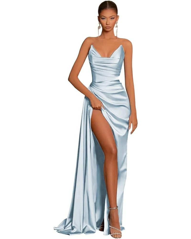 Women's Off The Shoulder Satin Prom Dresses Long Ball Gown Corset Formal Dress Evening Party Gown with Slit Light Blue $28.59...