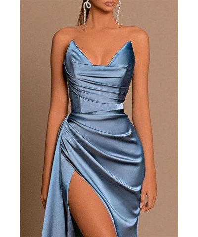 Women's Off The Shoulder Satin Prom Dresses Long Ball Gown Corset Formal Dress Evening Party Gown with Slit Light Blue $28.59...