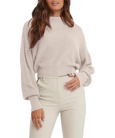 Women's Cropped Crewneck Sweater Lantern Long Sleeve Casual Loose Fall Winter Ribbed Knit Jumper Tops Beige $11.39 Sweaters