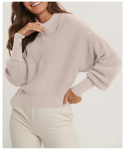 Women's Cropped Crewneck Sweater Lantern Long Sleeve Casual Loose Fall Winter Ribbed Knit Jumper Tops Beige $11.39 Sweaters