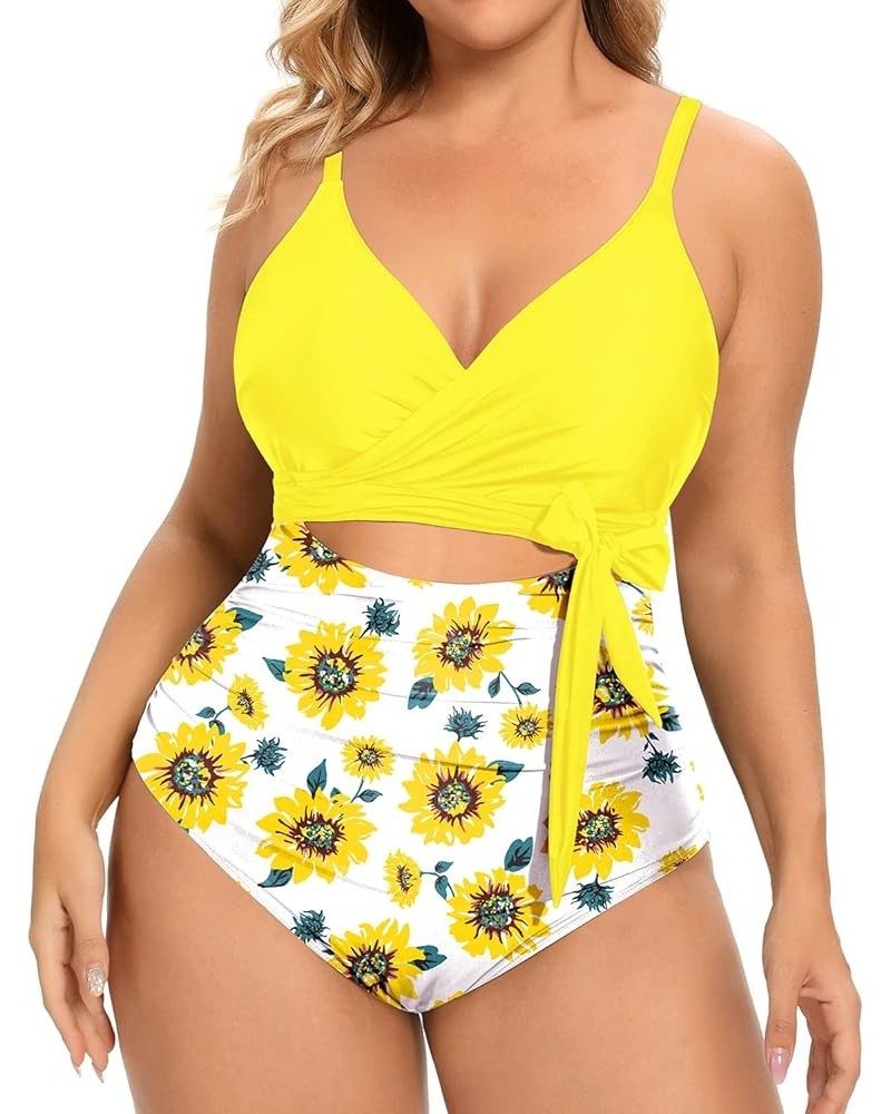 Women Plus Size One Piece Swimsuits High Waisted Tummy Control Bathing Suits Cutout Lace up Swimwear Yellow and Sunflower $12...