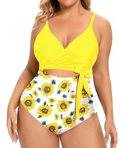 Women Plus Size One Piece Swimsuits High Waisted Tummy Control Bathing Suits Cutout Lace up Swimwear Yellow and Sunflower $12...