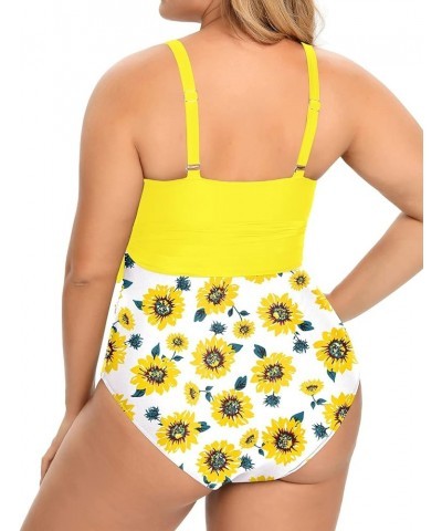 Women Plus Size One Piece Swimsuits High Waisted Tummy Control Bathing Suits Cutout Lace up Swimwear Yellow and Sunflower $12...