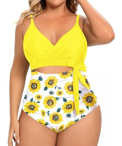 Women Plus Size One Piece Swimsuits High Waisted Tummy Control Bathing Suits Cutout Lace up Swimwear Yellow and Sunflower $12...