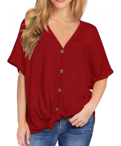 Womens Loose Henley Blouse Bat Wing Short Sleeve Button Down T Shirts Tie Front Knot Tops 14 Red $15.80 Tops