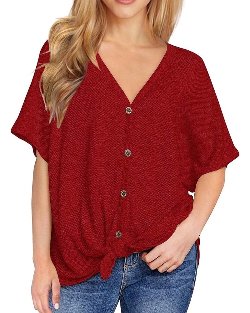 Womens Loose Henley Blouse Bat Wing Short Sleeve Button Down T Shirts Tie Front Knot Tops 14 Red $15.80 Tops