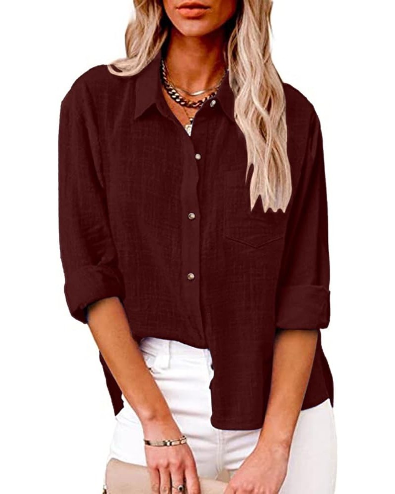 Linen Shirts for Women Button Down Tshirt Dressy Casual Gauze Blouses Comfy Lightweight Long Sleeve Shirts Fall Tops Dark Win...