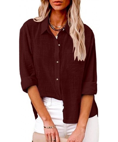 Linen Shirts for Women Button Down Tshirt Dressy Casual Gauze Blouses Comfy Lightweight Long Sleeve Shirts Fall Tops Dark Win...