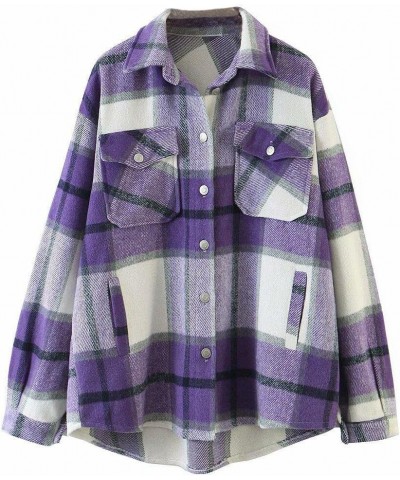 Womens Plaid Shacket Button Down Long Sleeve Shirt Coat Fall Winter Flannel Jacket Loose Shirts Purple $20.05 Jackets