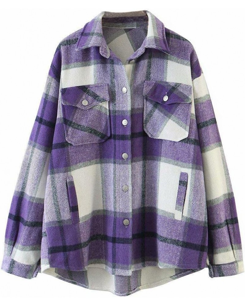 Womens Plaid Shacket Button Down Long Sleeve Shirt Coat Fall Winter Flannel Jacket Loose Shirts Purple $20.05 Jackets