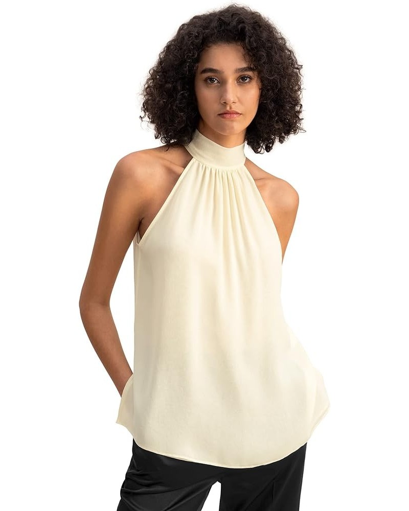 Womens Pure Silk Blouse Ladies Elegant Georgette Sleeveless Halter Neck Top for Spring Summer Work Casual Party Lily White $5...