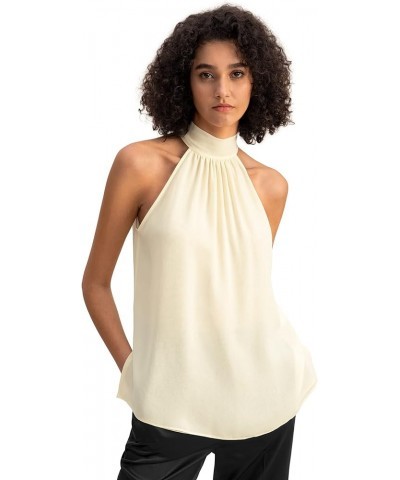 Womens Pure Silk Blouse Ladies Elegant Georgette Sleeveless Halter Neck Top for Spring Summer Work Casual Party Lily White $5...