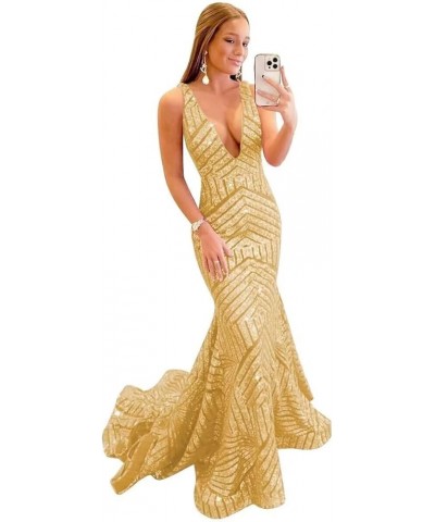 Deep V Neck Sequin Prom Dresses Mermaid Long for Women Backless Formal Party Evening Gowns Gold $31.05 Dresses