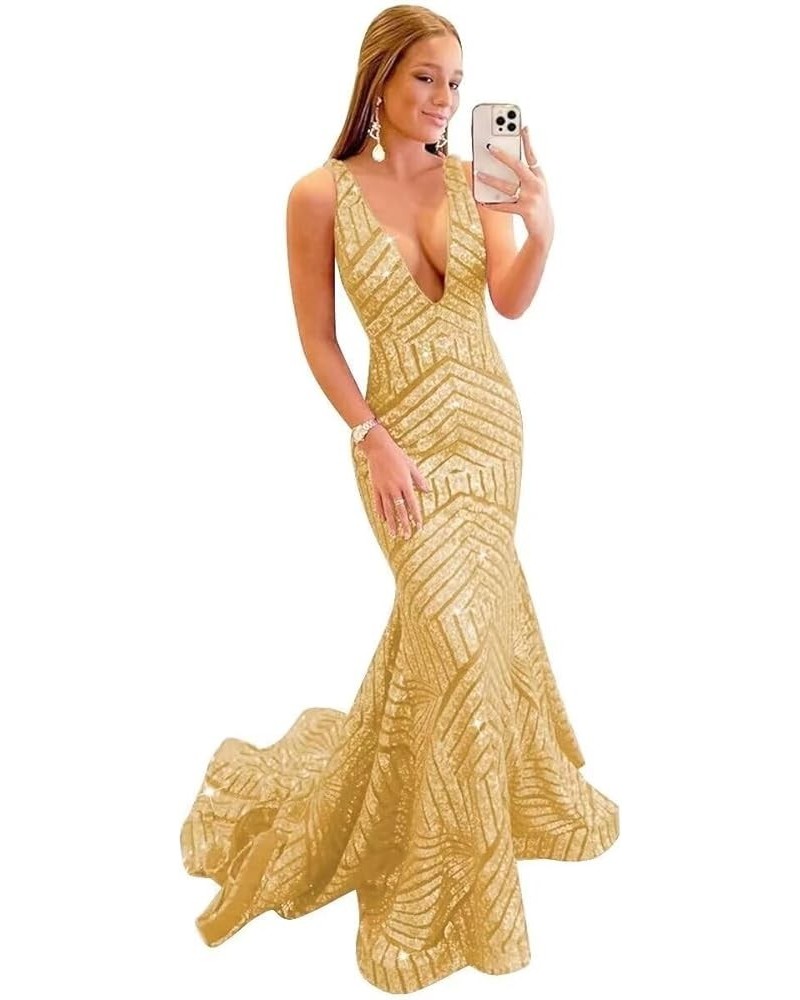 Deep V Neck Sequin Prom Dresses Mermaid Long for Women Backless Formal Party Evening Gowns Gold $31.05 Dresses