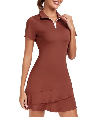 Womens Tennis Dress, Golf Dress with Shorts and Pocket Polo Lightweight Soft Ruffled Hemline Two Piece Golf Dresses Brown $17...