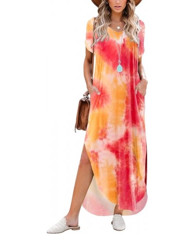 Women's V Neck Casual Loose Long Dress Short Sleeve Split Maxi Summer Beach Dress with Pockets Tie Dye5 $17.86 Dresses