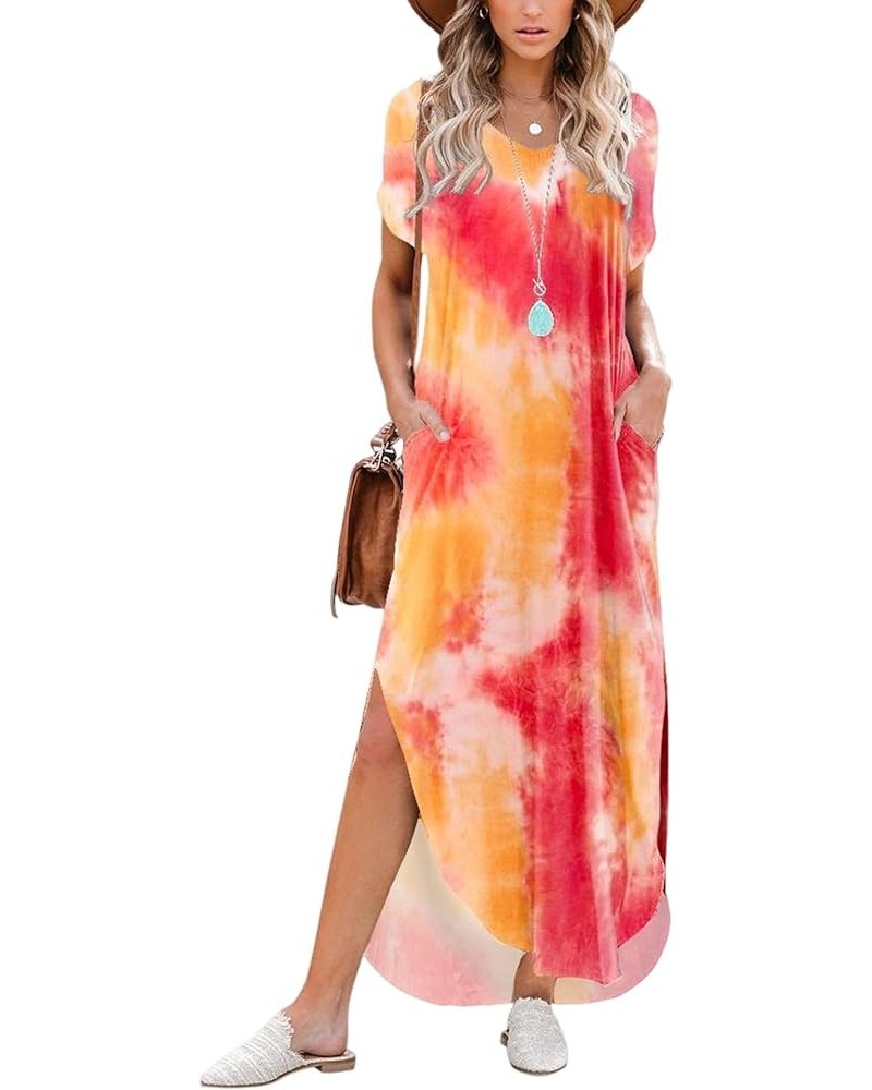 Women's V Neck Casual Loose Long Dress Short Sleeve Split Maxi Summer Beach Dress with Pockets Tie Dye5 $17.86 Dresses